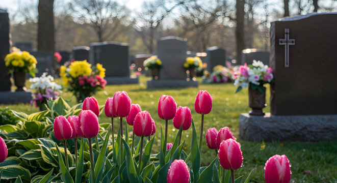 Pink Tulips Blooming in Cemetery with Headstones Floral Tribute on Green Lawn and Diffused Sunlight - Powered by Adobe