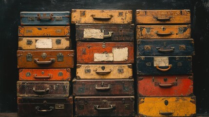A stack of retro suitcases in various shades of brown, with faded travel tags and peeling corners