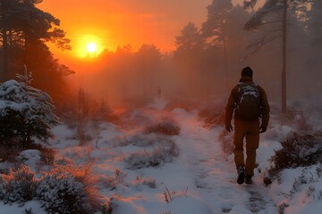 Winter morning hike solo adventure through snowy landscape at sunrise