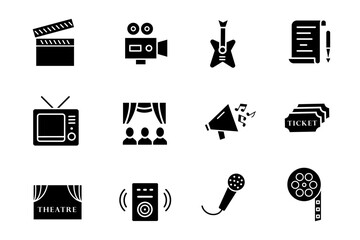 Arts solid line black editable set. Movie and Film icons. Vector illustration of  video, movie theater, 3d, VR, popcorn, ticket, director, soundtrack icons. 