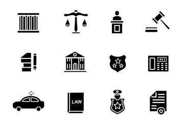 Law and justice solid black icons set. Vector illustration of Legal documents. Law, judgement, prison, justice, court legal, lawyer, criminal icons. Web and mobile app icons