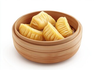 Steaming bamboo basket showcasing delicious golden yellow dumplings with delicate crimped edges offe a tempting glimpse into authentic Asian cuisine.