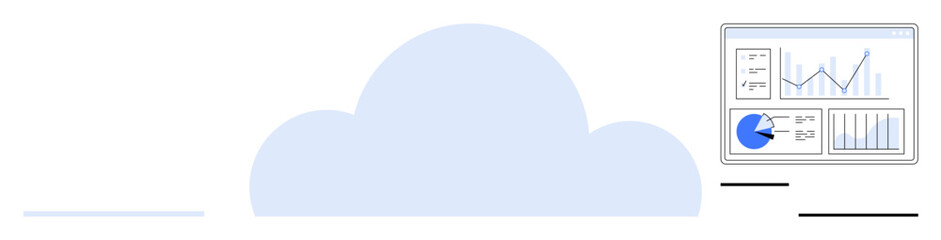 Cloud with a floating dashboard showing charts, graphs, and performance analytics. Ideal for cloud computing, data management, analytics, software, futuristic solutions, digital trends simple
