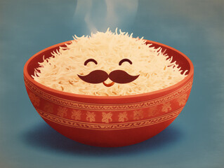 Cute smiling rice bowl with mustache in a decorative dish