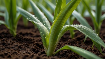 Obraz premium Young Green Seedlings with Water Droplets Growing in Rich Moist Soil