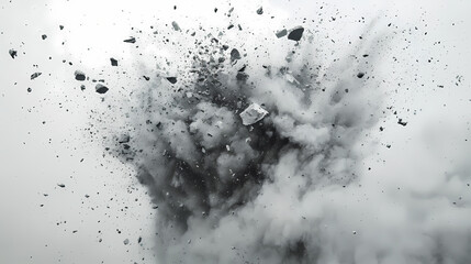 A close-up photograph capturing a gray dust explosion with debris ascending on a white background. [Graviton Cities] | Weightless Brutalism | airborne concrete. Illustration