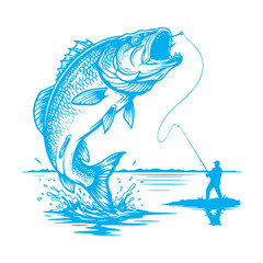 A Striking Blue Illustration of a Fisherman Landing a Large Fish