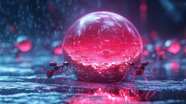 Ants and glowing sphere teamwork in a futuristic setting