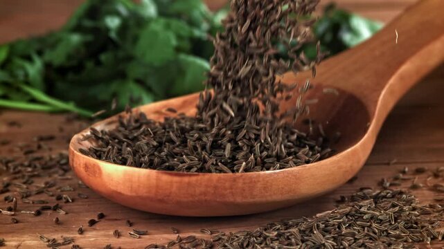 Cumin falls on a wooden spoon. Filmed on a high-speed camera at 1000 fps. High quality FullHD footage
