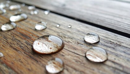 Dewdrops cling to weathered wooden planks, reflecting soft light and evoking a serene, rustic ambiance.
