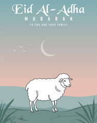 Eid al-Adha Mubarak greeting card and poster with white sheep illustration