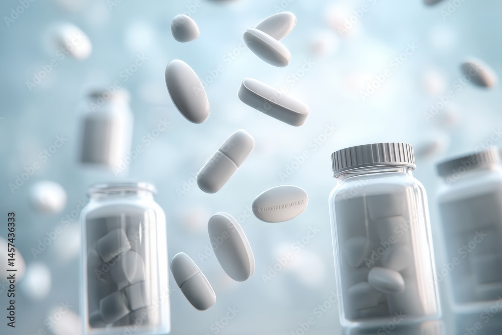 Poster floating white pills and bottles against a sterile pharmacy background creating a clean medical atmo