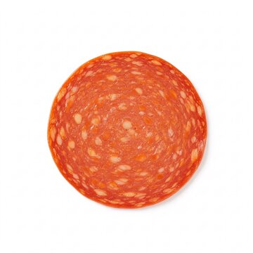Slice of pepperoni isolated on a white background. Spicy sausage, pizza ingredient
