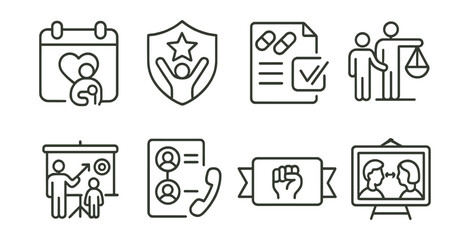 Line style icons of family care and independence: care calendar, independence badge, safe medication sheet, support balance icon, autonomy goal chart, family call log, empower label, mutual respect