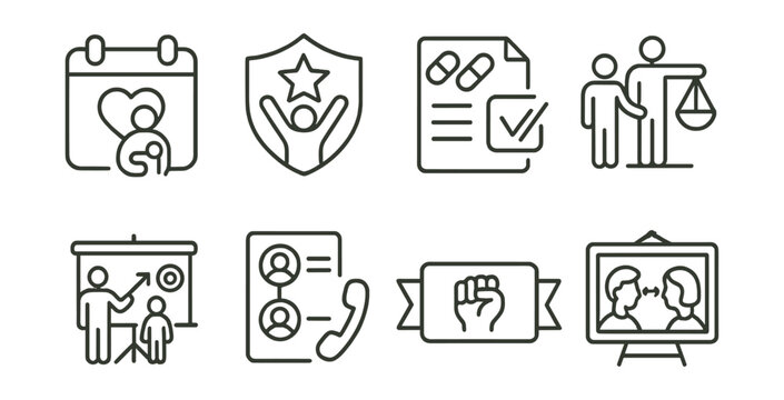 Line style icons of family care and independence: care calendar, independence badge, safe medication sheet, support balance icon, autonomy goal chart, family call log, empower label, mutual respect