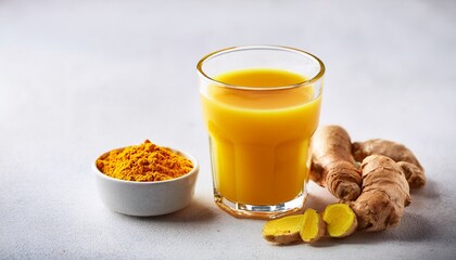 ginger and turmeric energy shot immune drink with ginger root and turmeric powder on light background macro