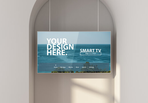 Smart Tv Mockup hanging on metal ropes in living room