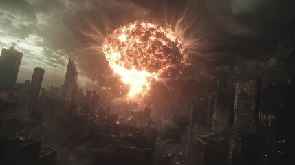 A colossal explosion erupts over a city, engulfing skyscrapers in flames and smoke while dark clouds loom in the sky, creating an atmosphere of chaos and destruction
