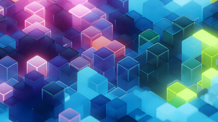 Obraz premium Abstract 3D Render Vibrant Neon Cubes, Geometric Patterns, Colorful Digital Art