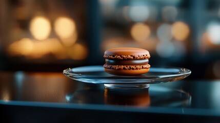 A single chocolate macaroon rests on a clear glass plate, illuminated by warm kitchen lighting. The soft textures contrast beautifully with the shiny surface of the plate
