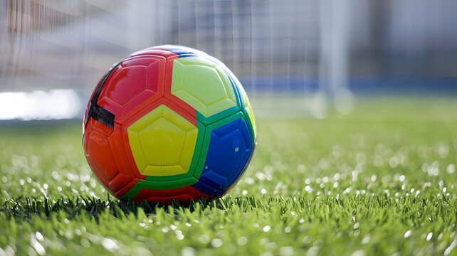 Colorful Soccer Ball on Lush Green Field, Ready for a Kick-Off
