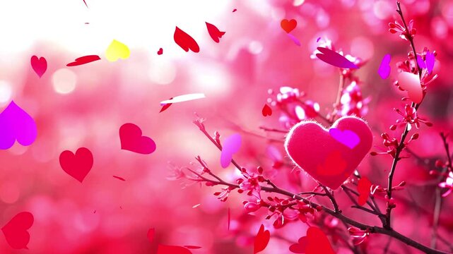 
33-seconds spinning rotating bare branches background red valentine love heart falling moving movement screensaver motion graphics animation visualizer HD video

