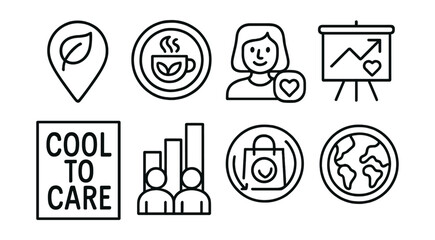 Line style icons of sustainable trendsetting: green fashion pin, slow lifestyle badge, content with care icon, lead with actions board, “cool to care” poster, friends follow values chart, reuse with