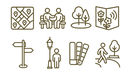 Line style icons of care-based urban design: neighborhood support map, social bench icon, open plaza with trees, sensory-friendly corner, wayfinding pole, human-scale lighting, warm colors board,