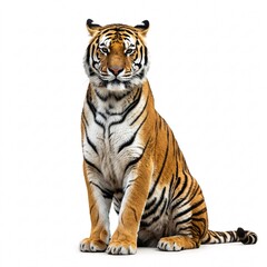 Naklejka premium A sitting Bengal tiger looking forward, isolated on a white background