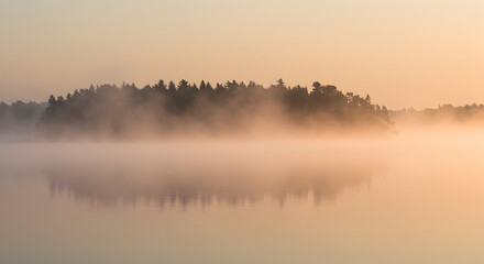 Fototapeta premium Misty Lakeside Dawn Serene Lake Reflection Tranquil Morning Light Peaceful Scene