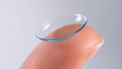 A contact lens rests gently on a fingertip, showcasing the detailed texture and highlighting the lens's curvature against a neutral background.