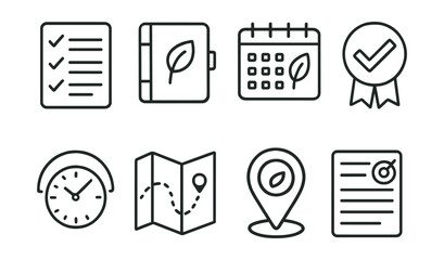 Line style icons of sustainable planning habits: prep for ease layout, reusable lesson plan folder, monthly balance calendar, realistic timeline badge, buffer time zone icon, flexible pacing map,