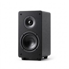 A black two-way bookshelf speaker, isolated on a white background