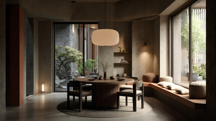 Fototapeta premium Serene Japandi Dining Room Design Minimalist Interior with Natural Elements