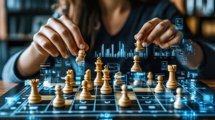 Woman playing chess, strategic planning, business, office background