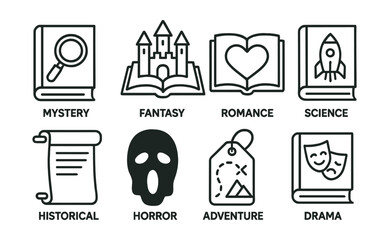 Line style icons of fiction genres: mystery novel cover, fantasy castle book, romance heart and pages, science fiction rocket book, historical fiction scroll, horror shadow face icon, adventure map