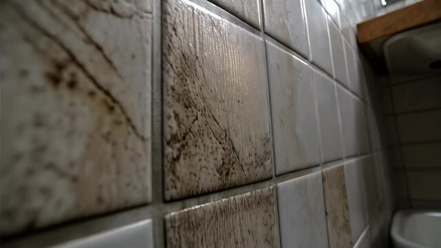 Dirty tiled bathroom wall with streaks of grime and mold accumulating in the grout lines and on the surface, closeup, indoors.
