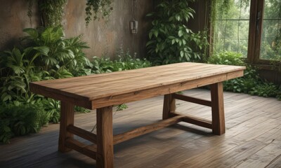 Rustic wooden table with lush greenery, earthy tones,  branch,  summer