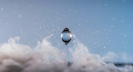Suspended Water Droplet Surrounded By Vapor With Blue Gradient Background