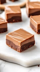 Tasty chocolate desserts. Square brownies with smooth brown cream on top. Vegetarian dessert squares served on white marble backdrop.