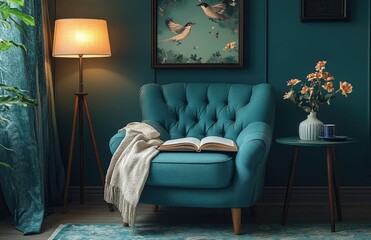 Teal armchair, book, lamp, flowers, cozy reading room, interior design