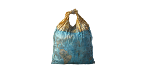 Worn Fabric Bag With World Map Design. Symbolizes Globalization And Environmental Awareness Isolated On Transparent Background