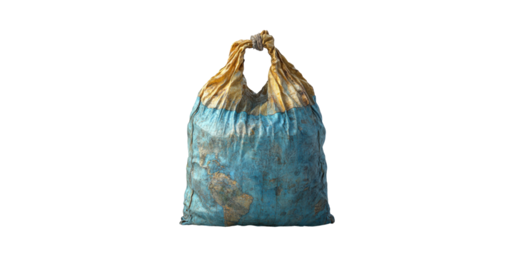 Worn Fabric Bag With World Map Design. Symbolizes Globalization And Environmental Awareness Isolated On Transparent Background