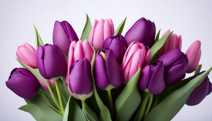 Fototapeta premium a bouquet of purple tulips with pink petals and green leaves