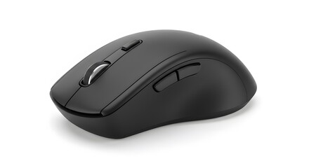 A close up shot of a sleek black wireless computer mouse on a clean white surface in soft lighting