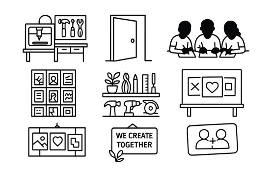 Line style icons of creative community: makerspace icon, open studio door, group sketch night, local zine wall, share your tools shelf, “we create together” board, community art display, co-creator