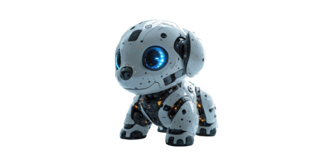 Futuristic Robotic Puppy With Blue Led Eyes. Advanced Ai Pet Technology Isolated On Transparent Background