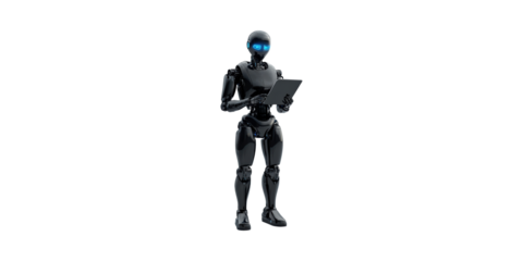 Robot Holding Tablet. Futuristic Technology And Artificial Intelligence Concept Isolated On Transparent Background