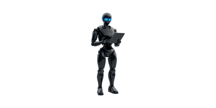 Robot Holding Tablet. Futuristic Technology And Artificial Intelligence Concept Isolated On Transparent Background