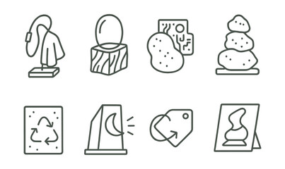 Line style icons of mixed media sculpture: metal + fabric combo, glass with wood, clay + electronics, found object stack, recycled material board, light-integrated shape, motion piece tag, hybrid